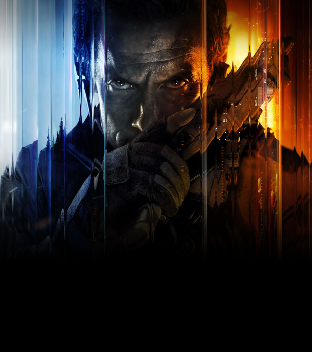 Un hombre mira hacia delante con expresión seria mientras sostiene una pistola delante de la cara. 