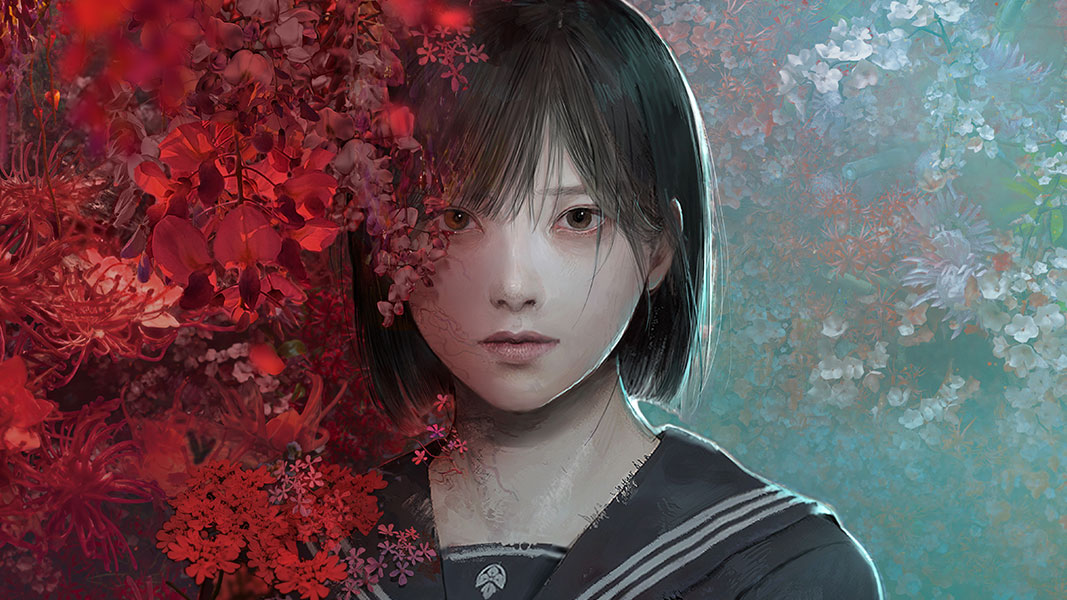 A young, pale girl in a school outfit staring intensely through a red bush