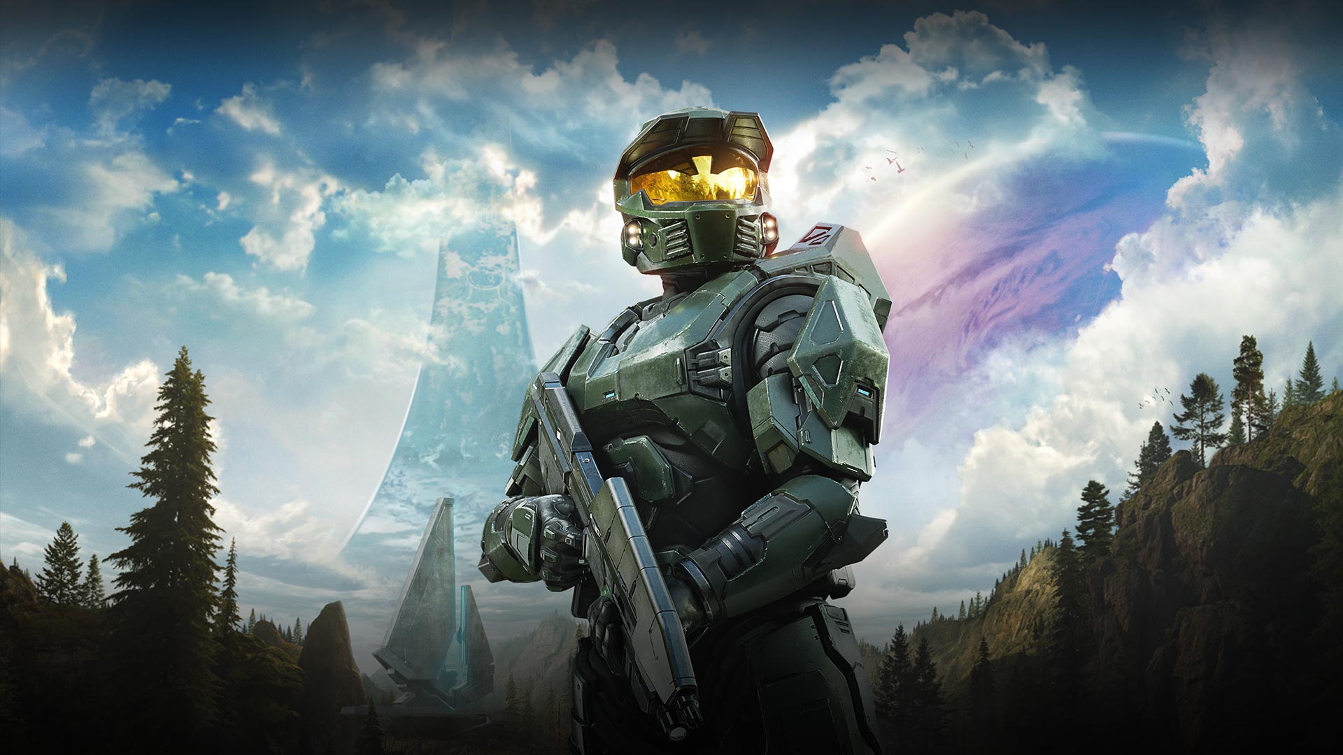 De Master Chief houdt zijn wapen vast met een groot futuristisch gebouw en een enorme planeet aan de hemel op de achtergrond.