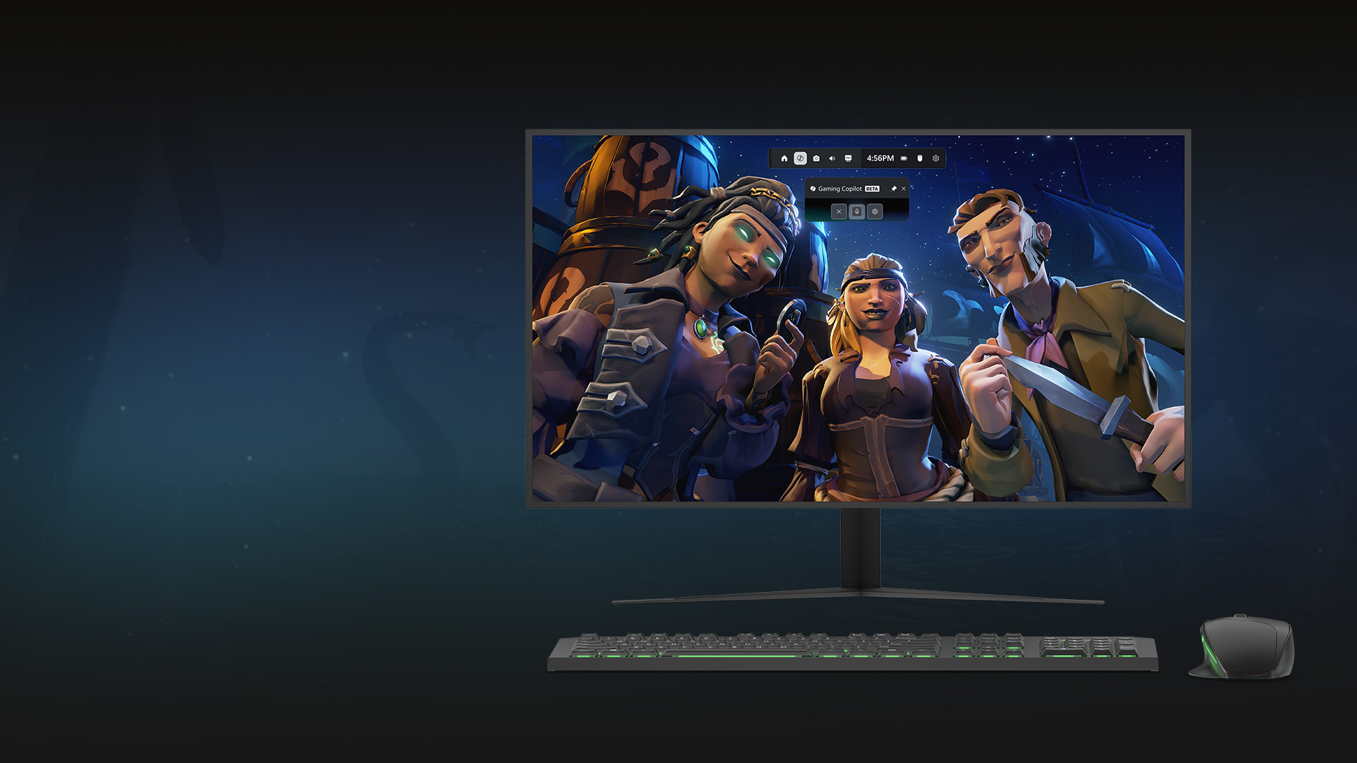 A PC monitor featuring key art from Sea of Thieves with a group of pirates and the Gaming Copilot (Beta) Game Bar overlay, along with a keyboard and mouse. 