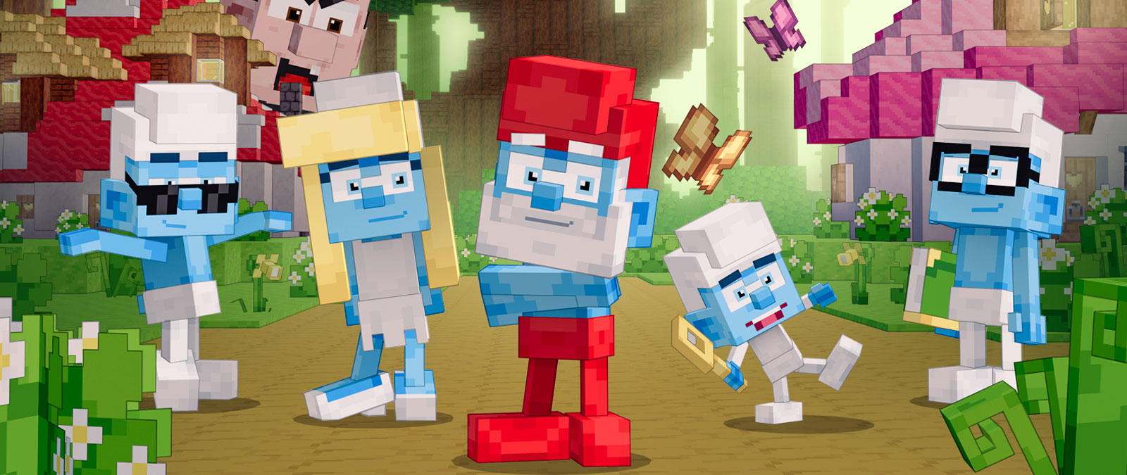 Les Schtroumpfs, dans le style de Minecraft, se tiennent dans le village des Schtroumpfs tandis que Gargamel s'approche en arrière-plan.