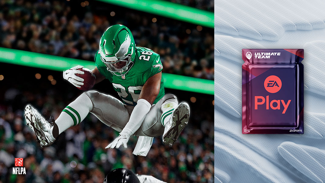 NFLPA, EA Play, ein Football-Player springt während einer intensiven Spielszene über eine verteidigende Person