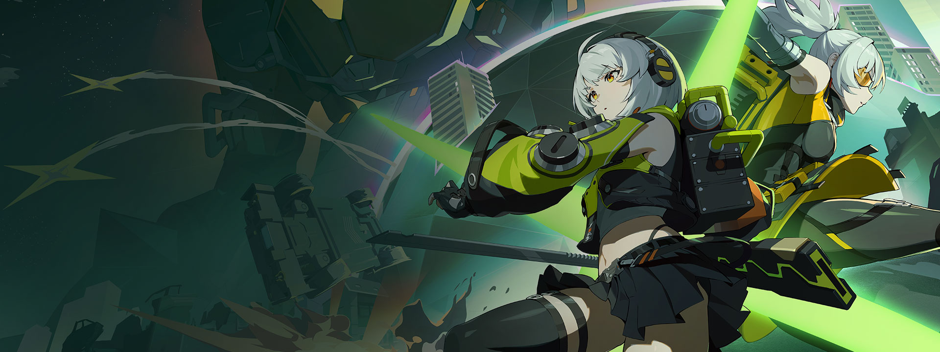 Two main characters mid-battle, with giant mecha towering over a cityscape