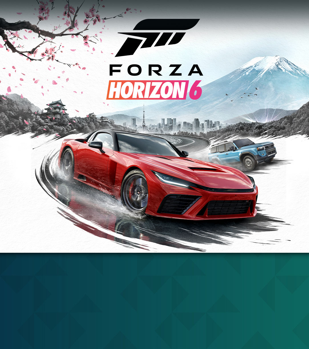 Forza Horizon 6, Two cars drive on a road made from brush strokes with Tokyo and Mt. Fuji in the background.