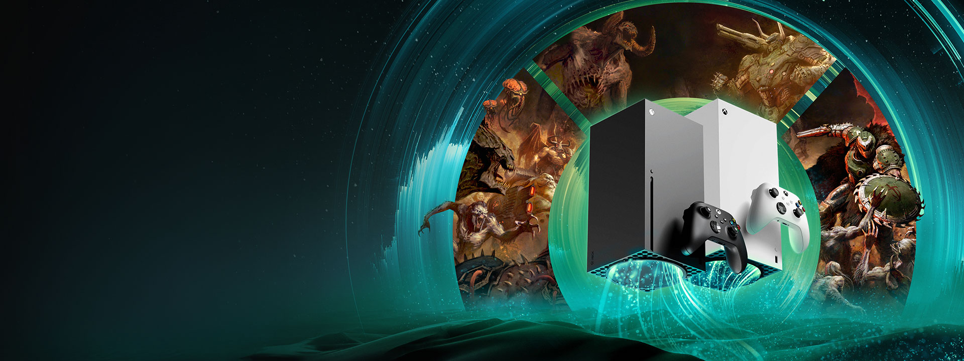 Xbox Series X|S console with three panels of DOOM: The Dark Ages key art