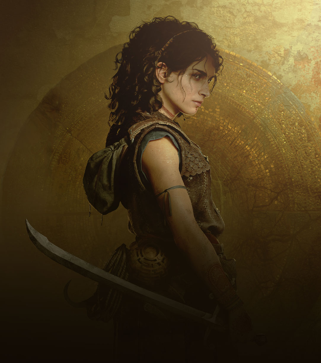 A dark-haired woman dressed for exploration poses with a sword behind her back as she looks over her shoulder.