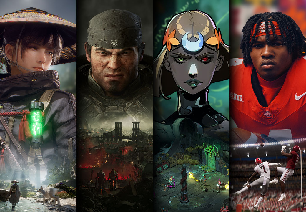 A selection of games available or coming soon with Game Pass including Beast of Reincarnation, Gears of War: E-Day, Hades II, and EA SPORTS College Football 26.