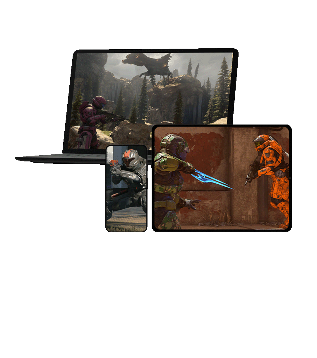 front view of three different monitor screens displaying xbox games