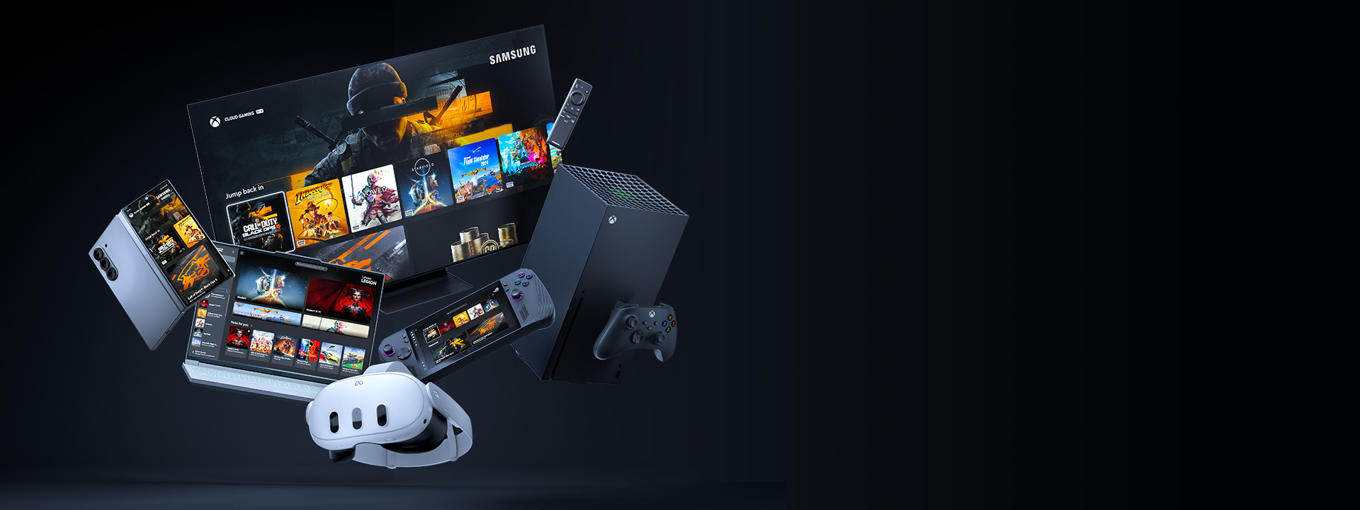 A group of devices including a mobile device, laptop, TV, Xbox Series X with controller, a handheld gaming device, and a VR headset.