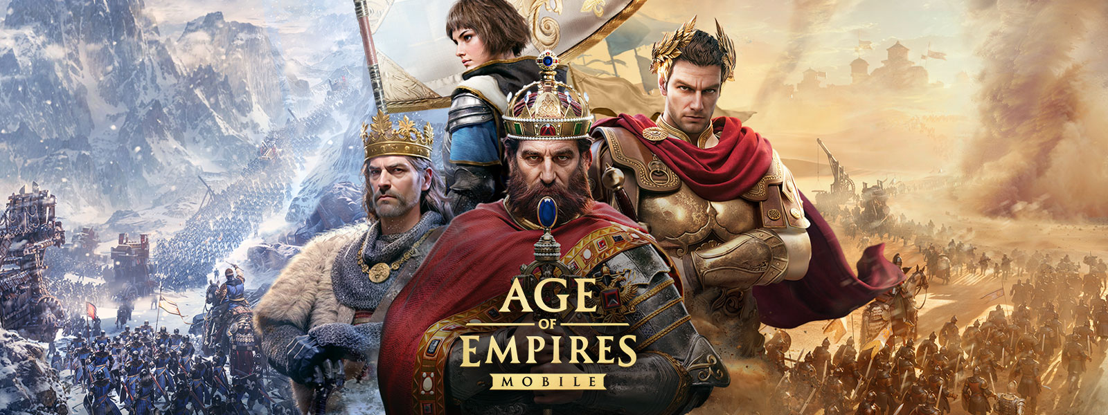 Age of Empires: Mobile logo, gods and myths from history pose together over a background of two battle scenes. 