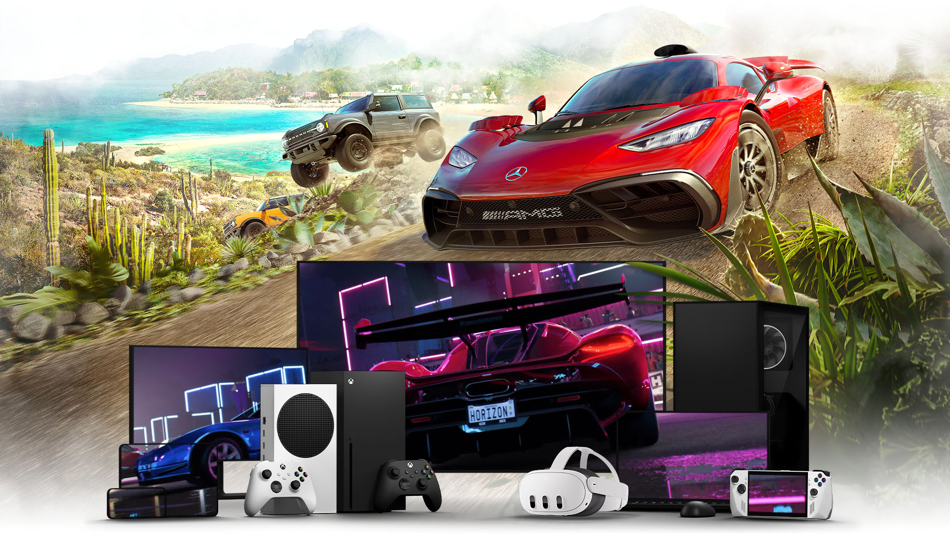 Multiple screens showing scenes from Forza Horizon 5 surrounded by devices including Xbox consoles, PCs, handled gaming devices, a VR headset, and more.