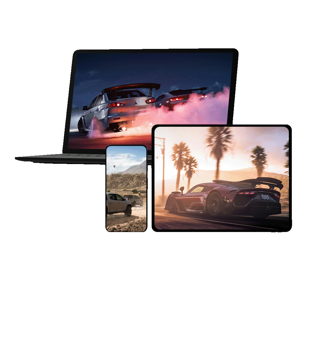 front view of three different monitor screens displaying Forza Horizon 5