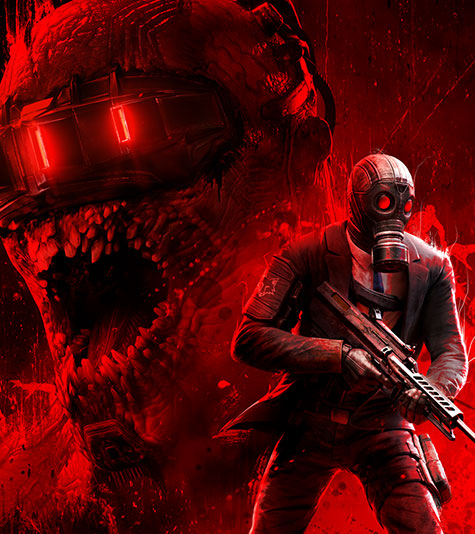 A mercenary holding a tactical rifle wearing a gas mask and trenchcoat running infront of a red glowing monster