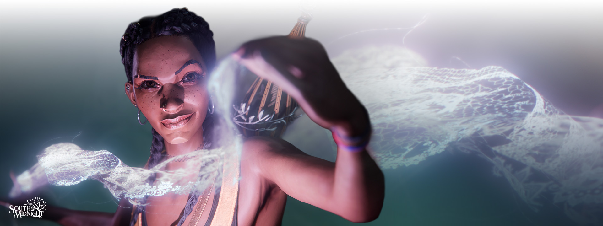 South of Midnight logo, Hazel holding a glowing strand.