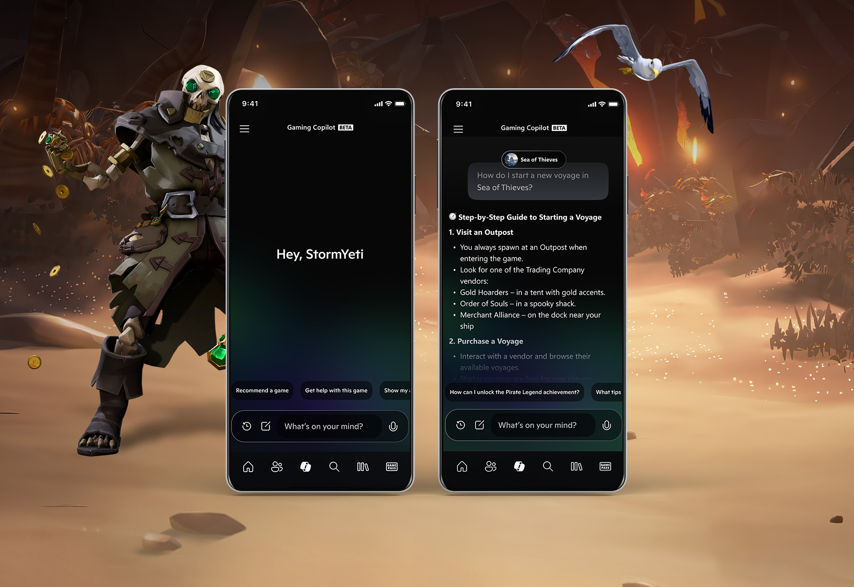 Two mobile phones displaying a conversation being held with Gaming Copilot (Beta).