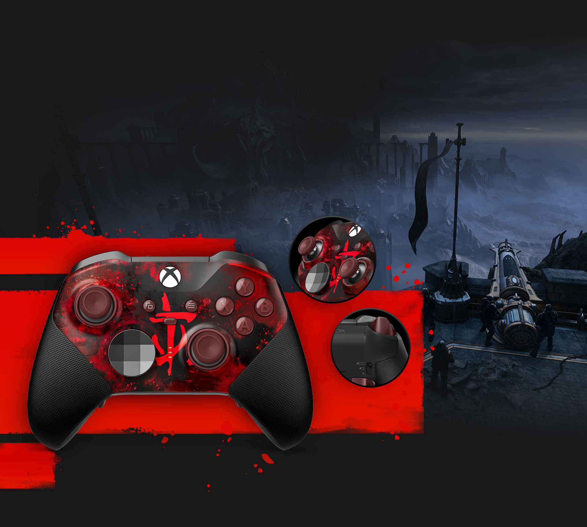 Front and controller detail views of the Xbox Elite Wireless Controller Series 2 – DOOM: The Dark Ages Limited Edition over a DOOM: The Dark Ages landscape
