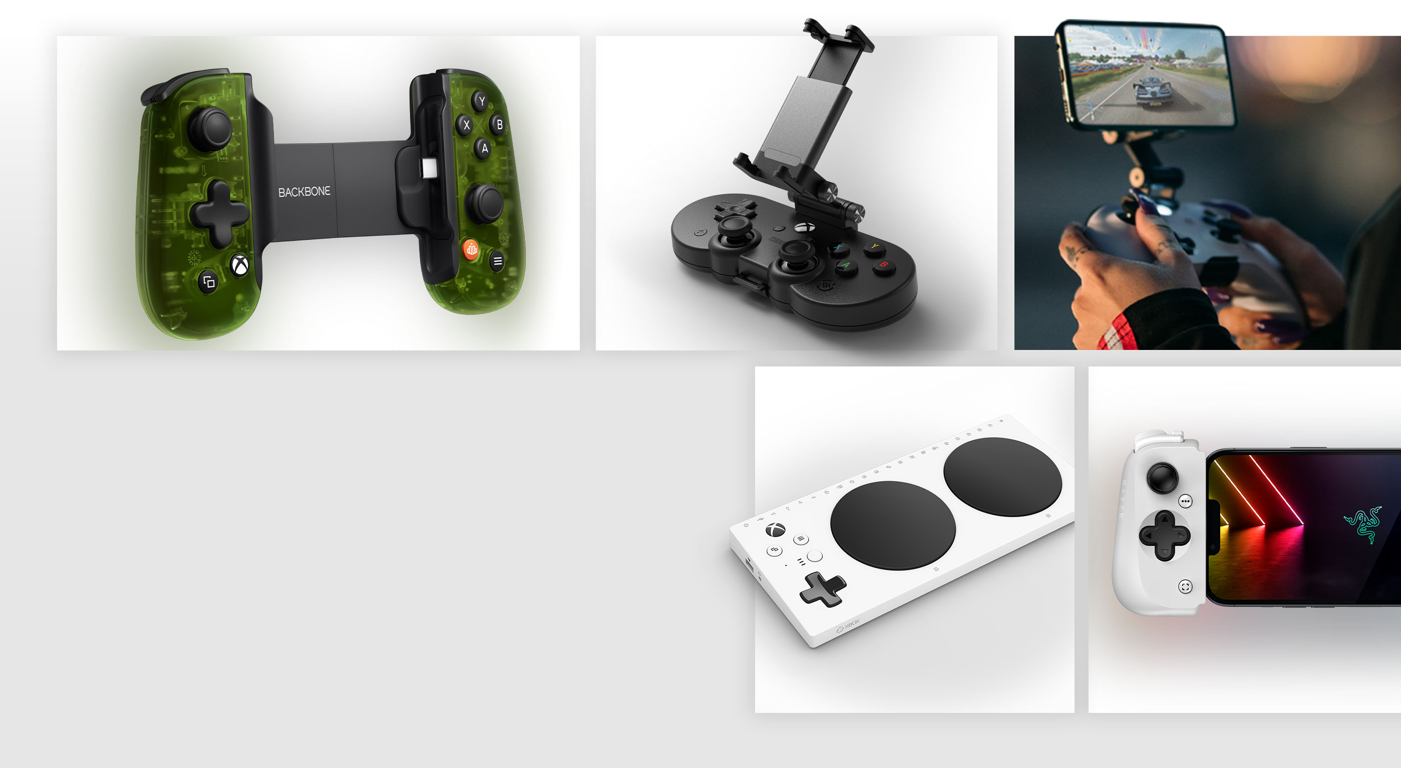 A mosaic of different mobile devices including the Backbone One – Xbox Edition, 8BitDo SN30 Pro, MOGA Gaming Clip, Xbox Adaptive Controller, and the Razer Kishi.