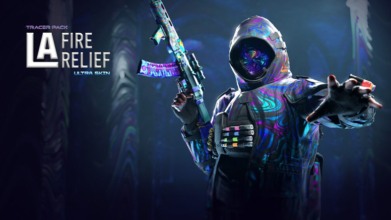 Tracer Pack LA Fire Relief Ultra Skin, an operator covered entirely in black gear with colorful swirling lines.