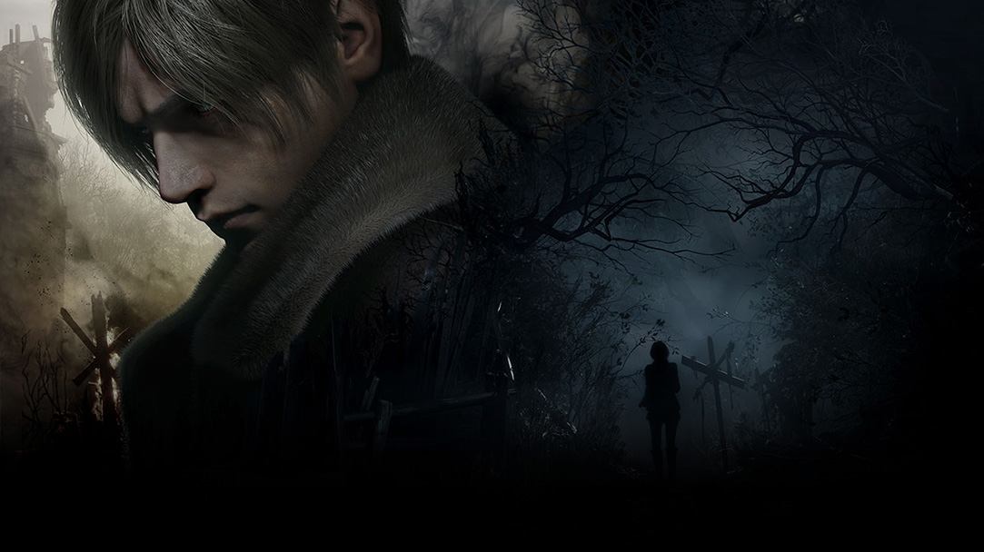 A man with grey hair solemnly turns away as a woman walks down a dark creepy forest path.