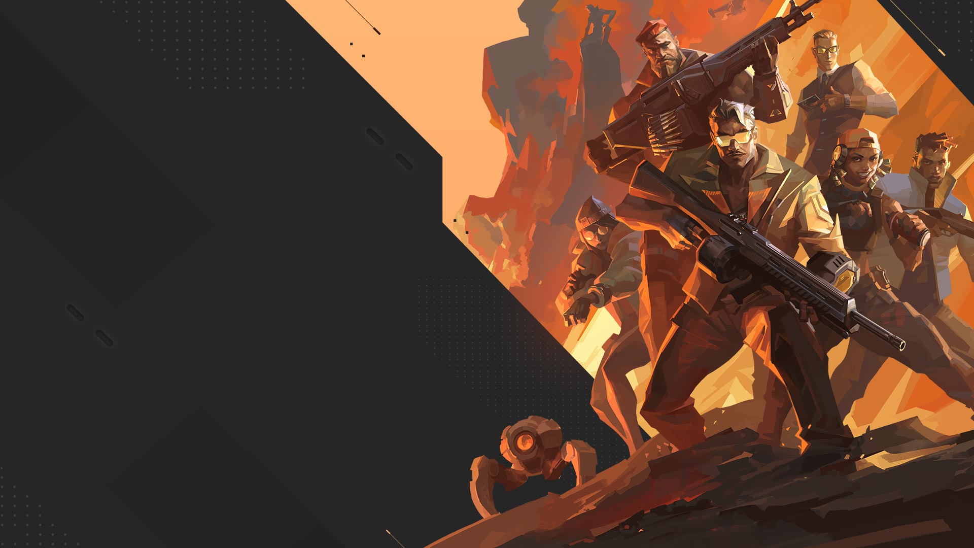A group of Valorant agents standing together on a cliffside with their weapons in hand.