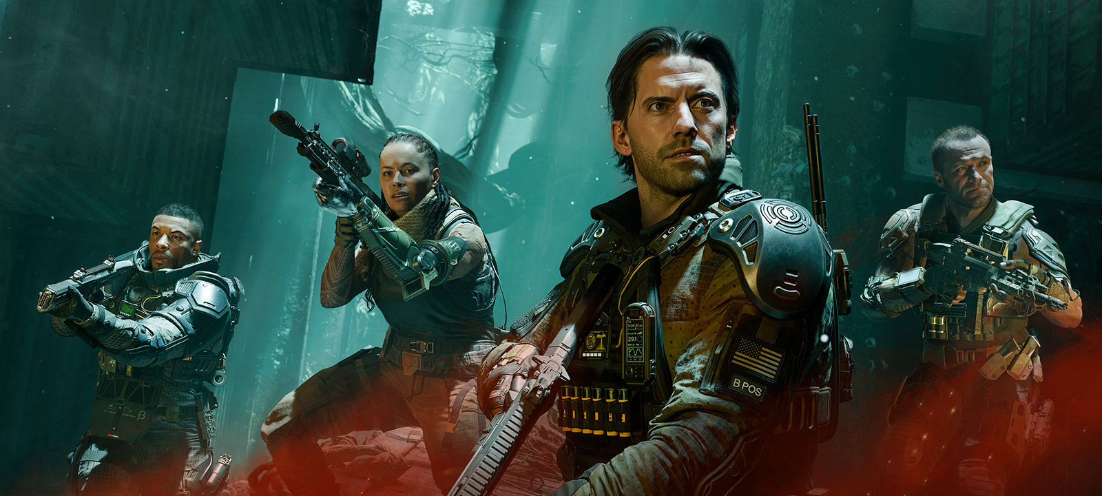 Call of Duty®: Black Ops 7 logo, three men and a woman in tactical gear carrying large weapons walk through the remains of a building with red gas rising from the ground.