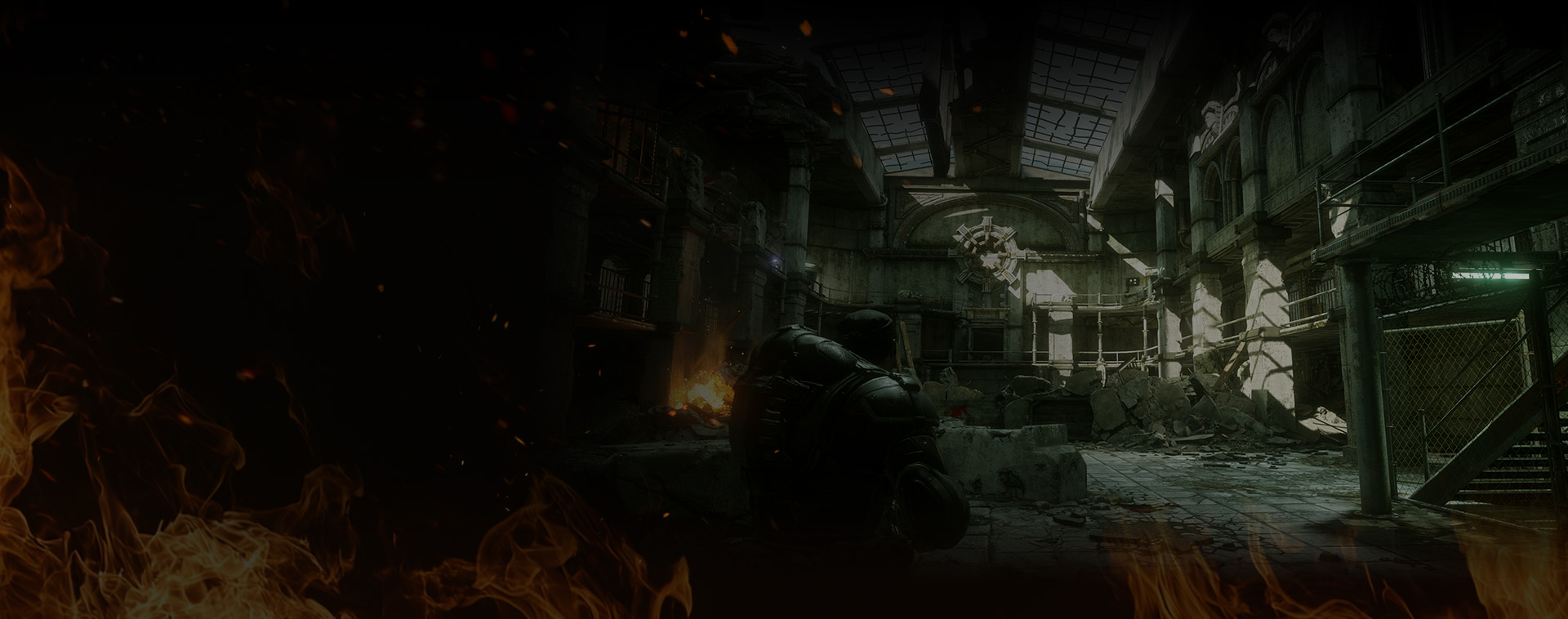 Marcus explores the ruins of a large building with a partially demolished roof.