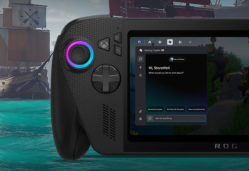 Gaming Copilot (beta) chat window opened up on the screen of the ROG Xbox Ally X.