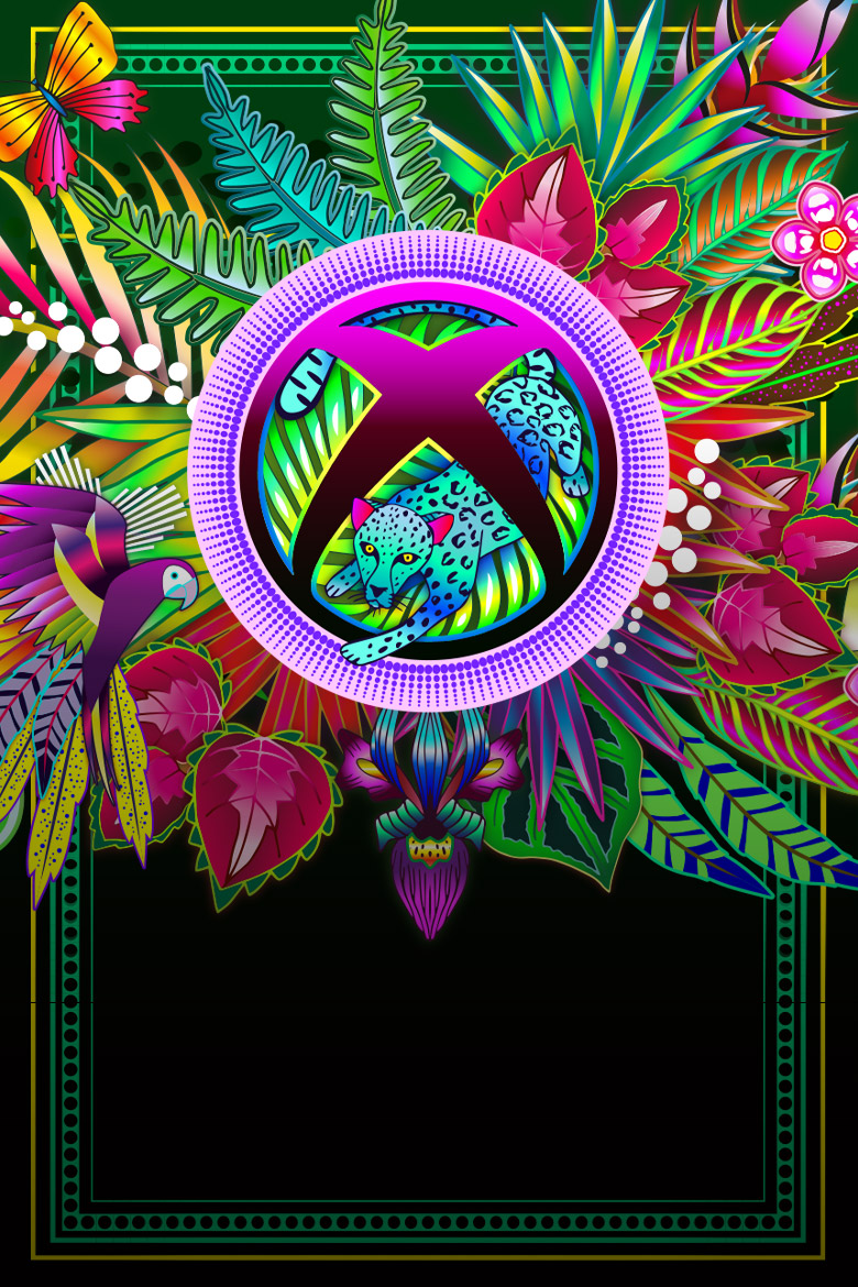 The Xbox logo filled and surrounded by colorful plants and birds