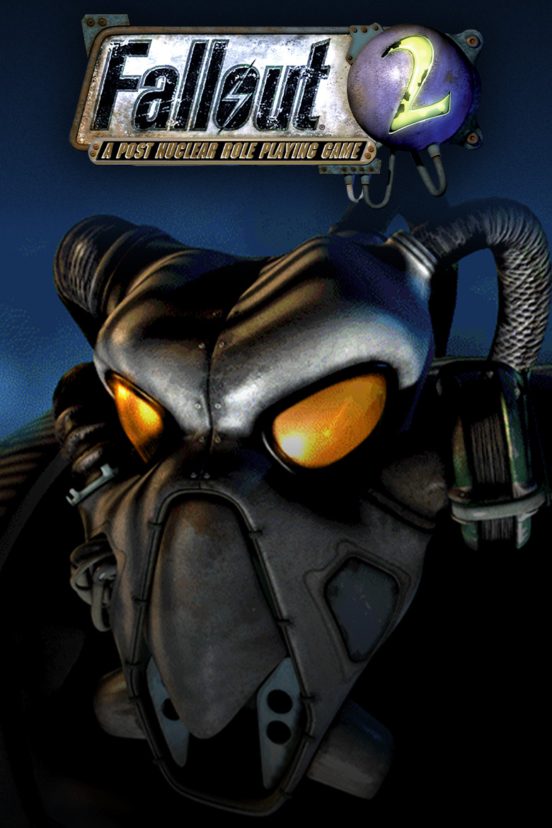 Fallout 2 logo. A suit of post-apocalyptic armor stands in front of a dark blue background.