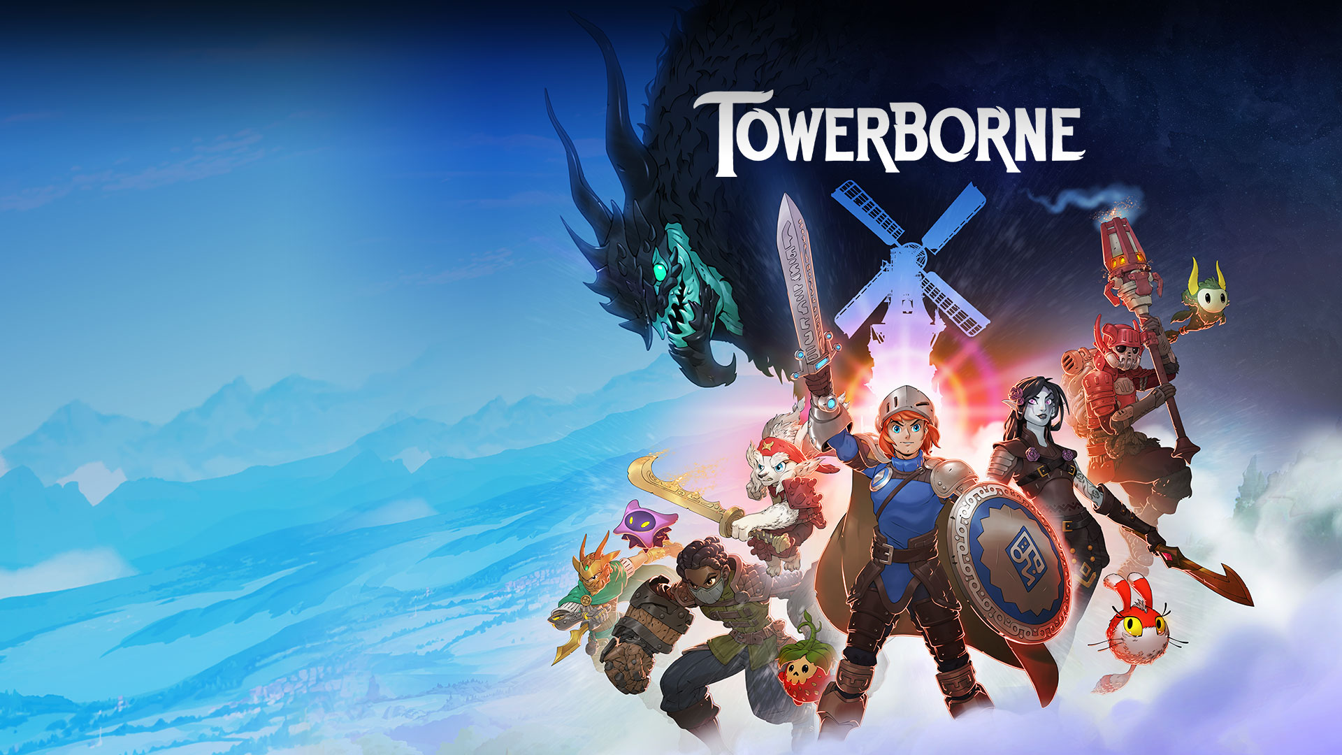 Towerborne, A team of Aces wield their weapons with a windmill and a leering monster in the background.