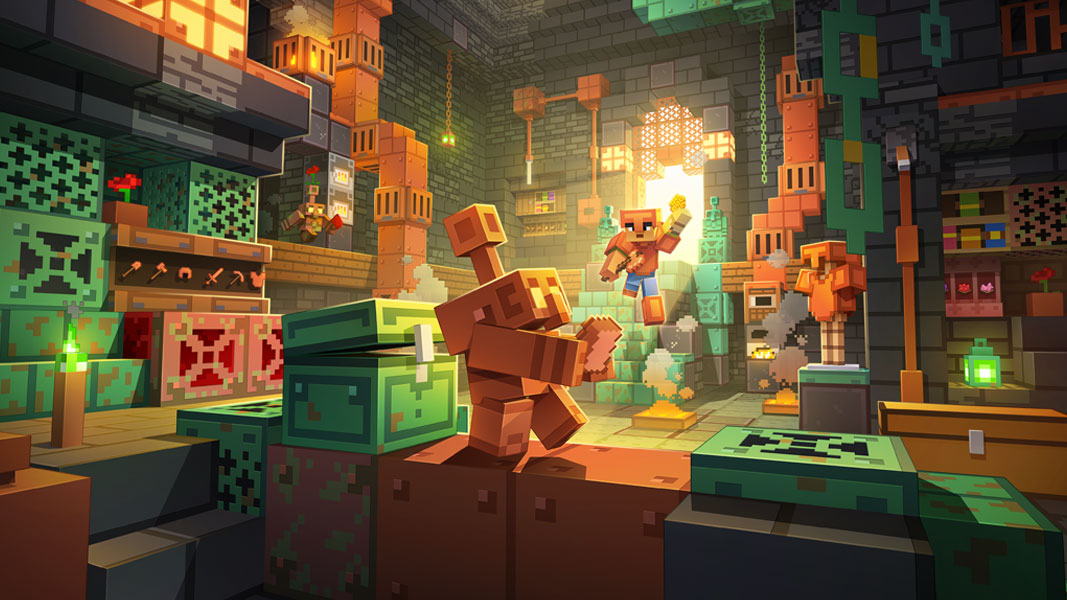 A copper golem works in a copper mine while a figure with tools works near a furnace.