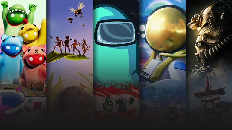 Eine Auswahl an im Game Pass erhältlichen Spielen, darunter Gang Beasts, Grounded 2, Among Us, Astroneer und Fallout 76