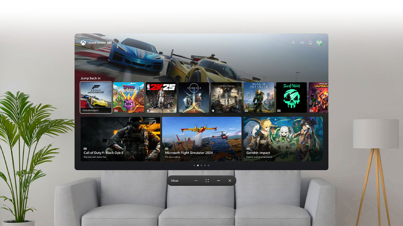UI screen of the Xbox app on a VR screen projected in room with a gray couch and plant