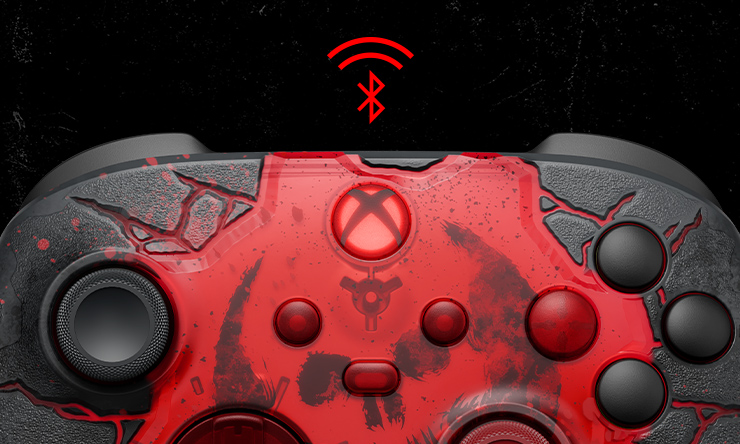 Vista detalhada da metade superior do Controle sem fio XBOX – Gears of War: E-Day Edição Limitada e um logotipo da tecnologia Bluetooth