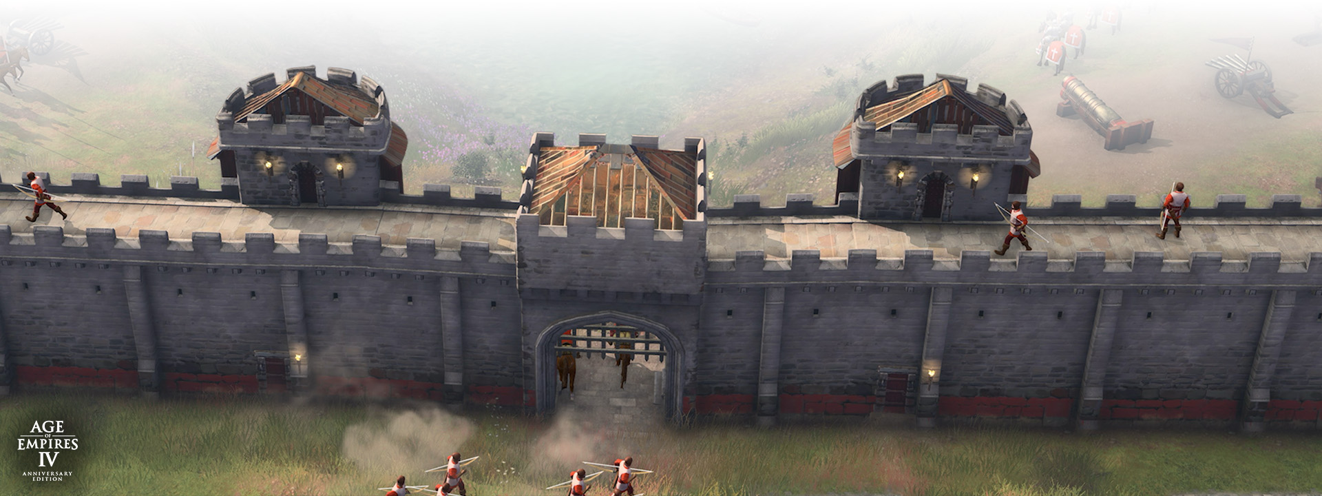 Age of Empires IV Anniversary Edition logo, soldiers walking across a high stone wall.