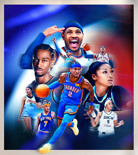 A collage of NBA and WNBA players, from left to right, Shai Gilgeous-Alexander, Carmelo Anthony, and Angel Reese. 