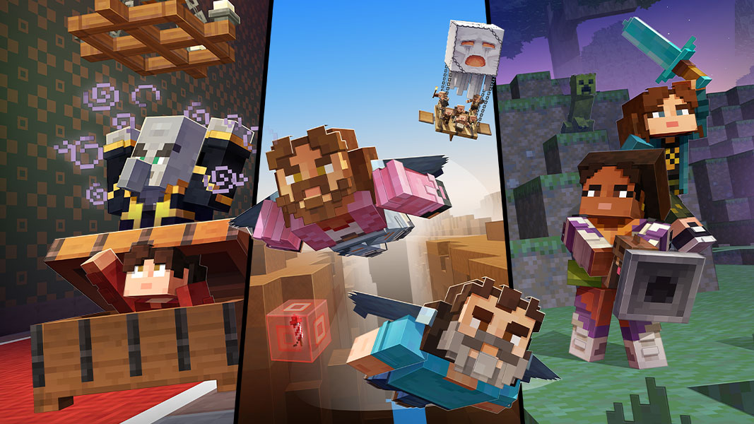 In a series of images from Minecraft, Henry hides in a chest, Garrett and Steve fly, and Natalie and Dawn escape from Creepers.