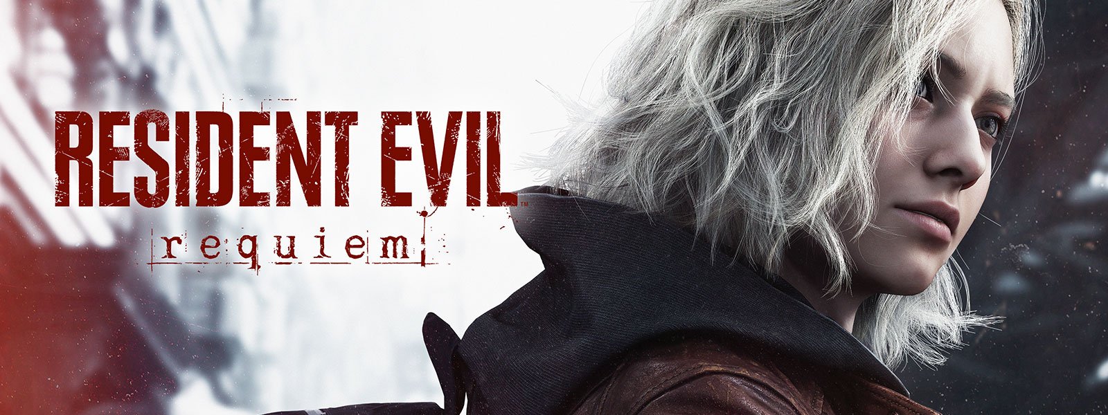 Resident Evil Requiem logo, Grace Ashcroft wearing a brown leather hooded jacket and backpack, looking into the distance with a blurred black-and-white cityscape behind