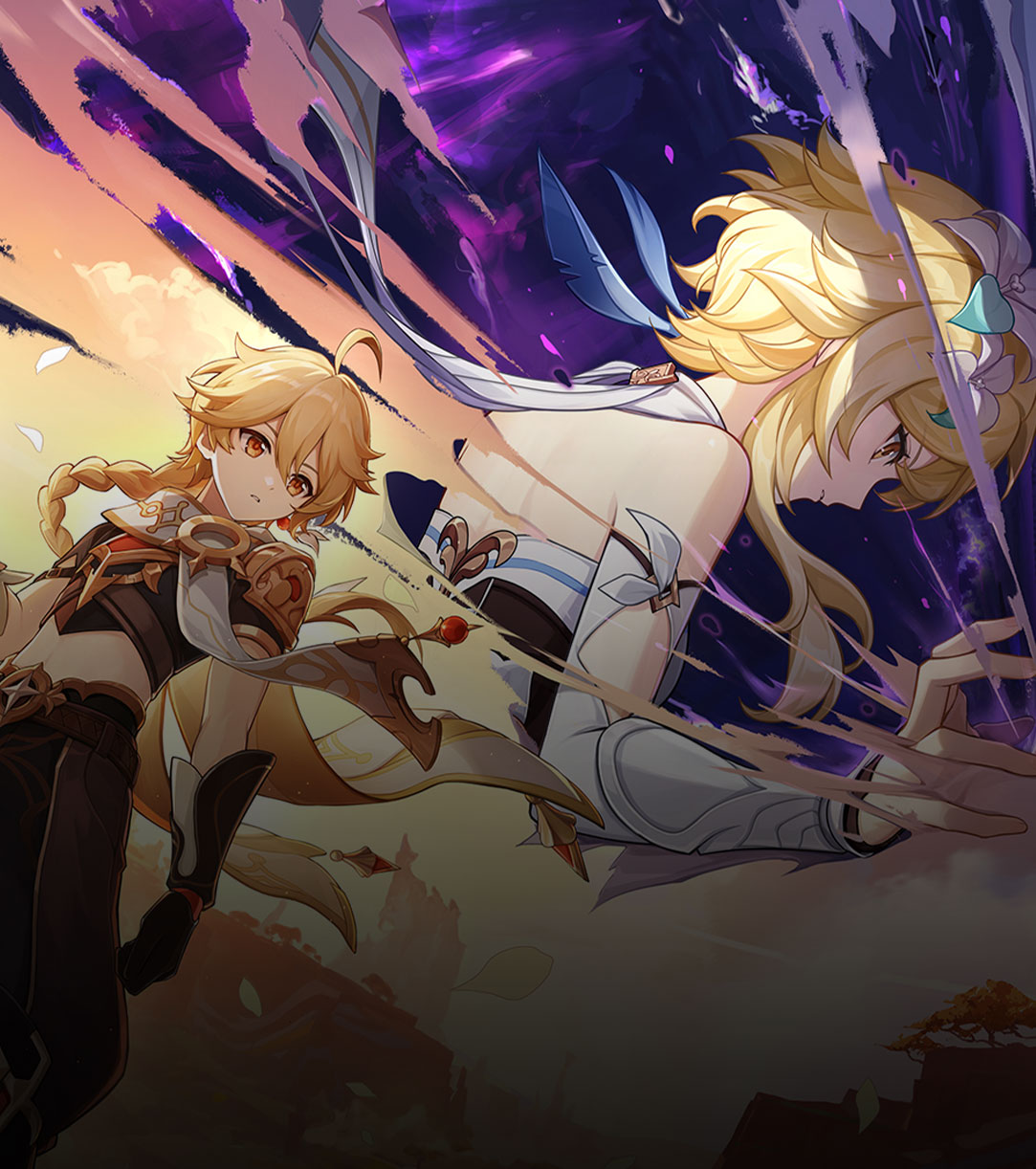 The Traveler Twins with a canyon in the background and flower petals floating around.