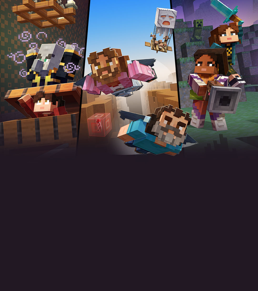 In a series of images from Minecraft, Henry hides in a chest, Garrett and Steve fly, and Natalie and Dawn escape from Creepers.