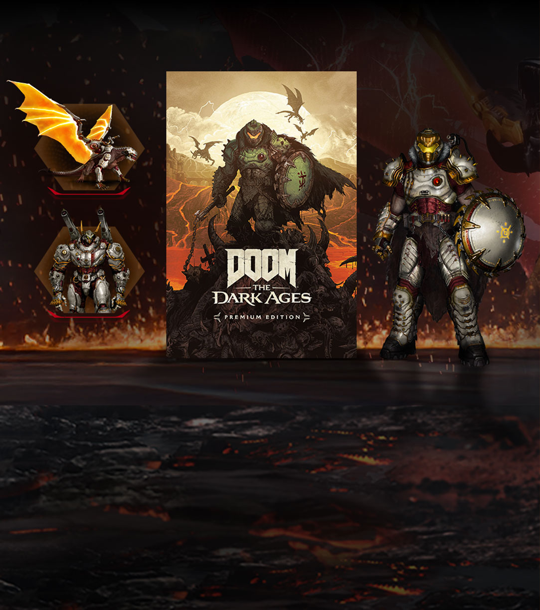 DOOM: The Dark Ages Premium Edition box art surrounded by Divinity Skin Pack characters