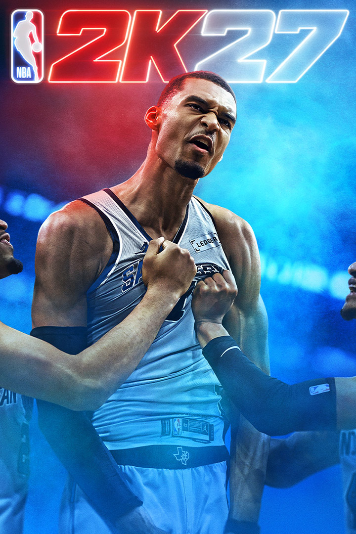 Logotyp för NBA 2K27, två lagkamrater tar tag i Victor Wembanyamas tröja.