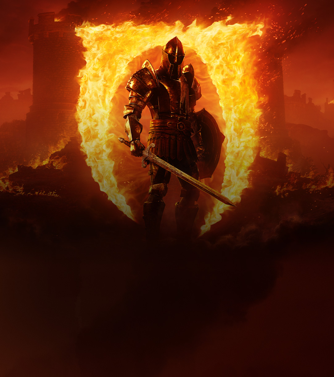 The Hero of Kvatch stands in front of a burning symbol as the surrounding countryside burns.