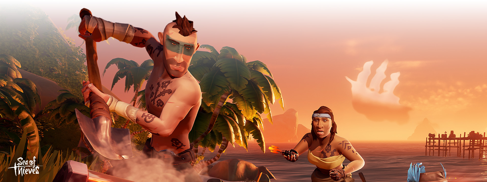 Sea of Thieves logo, a pirate on a beach wielding a spear. 