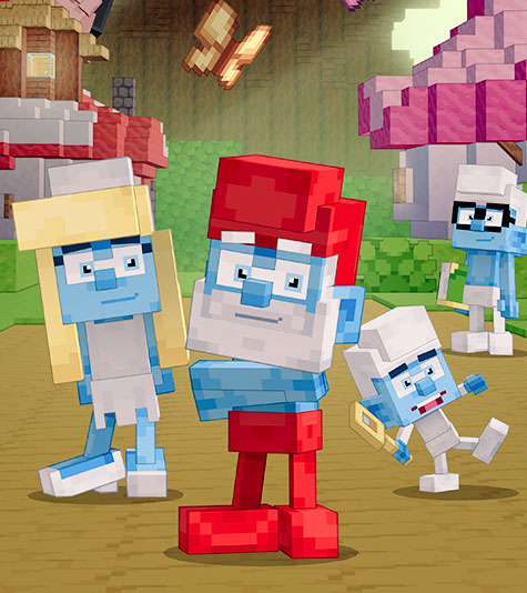 The Smurfs in the style of Minecraft standing in the Smurf village as Gargamel approaches in the background. 