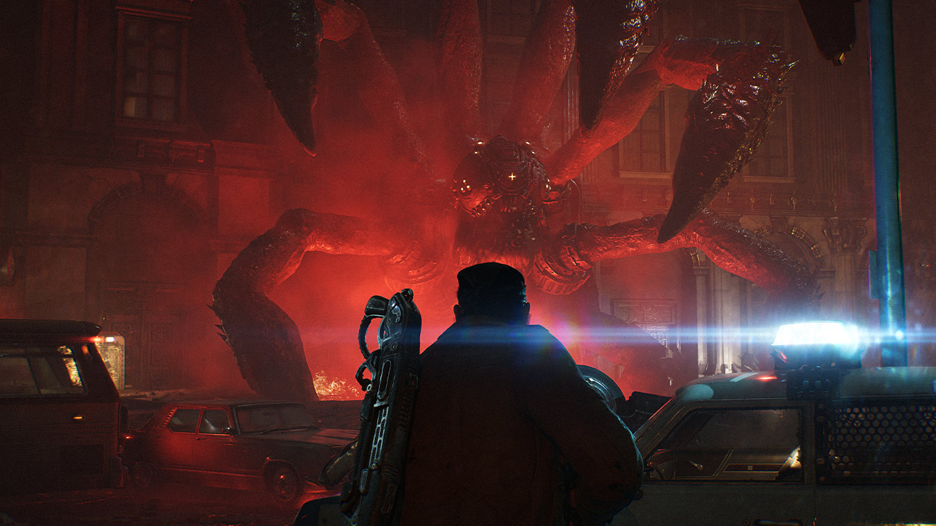 Squad co-op firefight in Gears of War: E-Day against Locust in a destroyed street