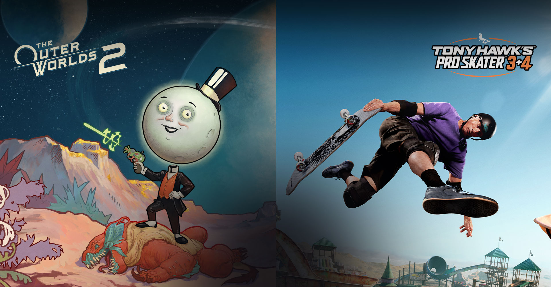 The Outer Worlds 2 logo, Tony Hawk’s Pro Skater 3 + 4 logo, The Moon man standing on a monster while shooting a laser with large planets orbiting in the background and Tony Hawk airwalking over a ramp in an expansive skate park.