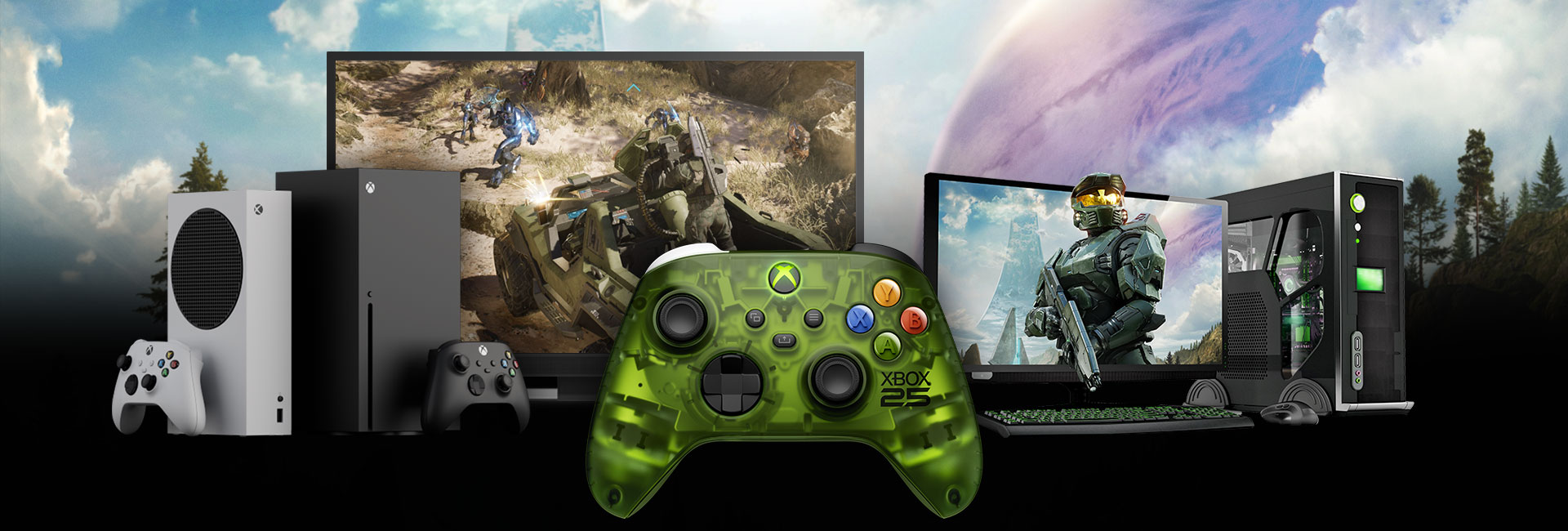 A collection of gaming devices showing Halo gameplay, with the XBOX Wireless Controller X25 Special Edition in front.