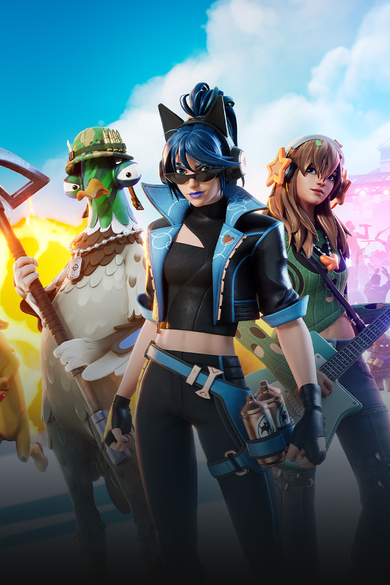 Fortnite Crew logo, a group of unique Fortnite characters and vehicles, one character is getting pushed in a shopping cart by a banana character, the background is a skyline of different points of interest on the Fortnite map