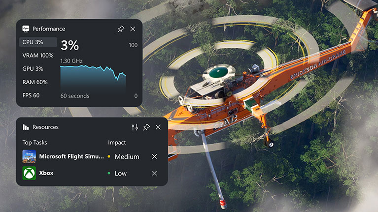 A screenshot of performance windows open over Microsoft Flight Simulator 2024 gameplay.